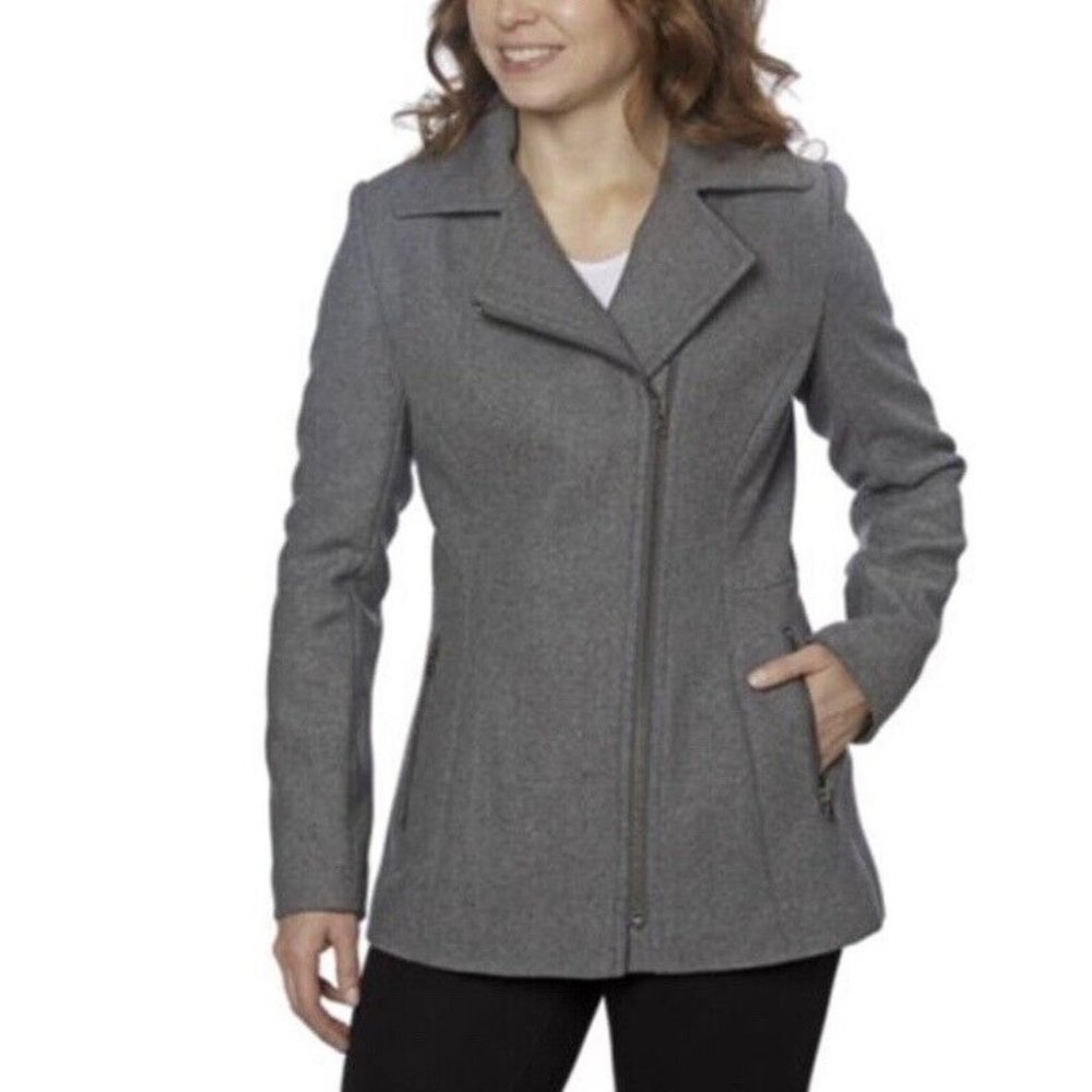 Kristen Blake Asymmetrical Moto Wool Full Zip Jacket (Heather Grey, Small)
